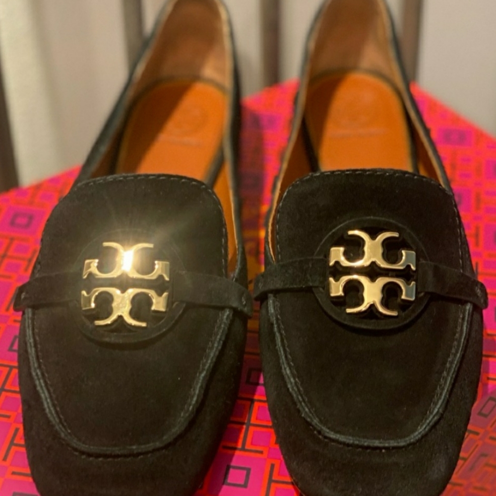 Tory Burch black suede loafer.